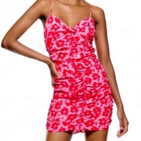 Zara Dresses & Skirts - Zara Draped Mini Dress Pink & Red Barbiecore Floral Ruched Sleeveless Size XS